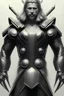 Placeholder: Thor, armour, intricate details, full body portrait, keep head in frame, slight smile, black Japanese motif, concept art, highly detailed, digital painting, concept art, sharp focus, illustration, art by Yoji Shinkawa, WLOP and greg rutkowski and alphonse mucha and artgerm and yanjun Chen and Junji ito and Makoto Shinkai, HDR, octane render