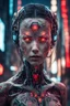 Placeholder: A cybernetic woman with intricate circuitry patterns etched into her skin, her glowing red eyes scanning the streets for any signs of danger.