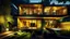 Placeholder: Photo of a modern single-family home at night with wooden and glass exterior finishes, featuring yellow highlights on architectural elements... The house is designed with a mix of rustic and contemporary styles, incorporating natural wood textures and sleek glass panels... The warm interior lights spill out through the large windows, creating a welcoming glow... Garden lights illuminate the exterior, casting intricate shadows from the surrounding plants... A couple is seen walking towards the fr