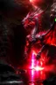 Placeholder: Gargantuan Red dragon with glowing red eyes in dark waterfall