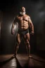 Placeholder: full body human figure shot photography from the ground of a burly ugly chubby 38 year old turkish boxer with big broken nose, silver beard, muscular beefy man shirtless, manly chest, big shoulders, photorealistic , side light, in a dark room, view from the ground