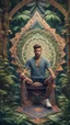 Placeholder: mandala style framed playing card illustration, close up portrait of a man with feets for hands posing for photo shoot on a throne, in a space alien mega structure with stairs and bridges woven into a sacred geometry knitted tapestry in the middle of lush magic jungle, bokeh like f/0.8, tilt-shift lens 8k, high detail, smooth render, down-light, unreal engine, prize winning