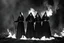 Placeholder: [very impressive high res masterpiece in Kodak Eastman 5247, scene by László Krasznahorkai] Three Witches from Macbeth surrounded by flames with a pentagram around them