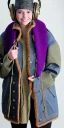 Placeholder: Image shows wholly a Brunette. average body type. Mantle is sewed of recycled Denim and sewed together of camouflage pieces. Camouflage colors are orange,terracotta, cream and purple. Cream latex gaiter. Big bright purple/khaki felt tippet and cream or blue or lilac colored-hood. mantle is merged with satchel. . AKG-style headphones (gold rings!) is merged with small felt cap with small visor. Style: Haute Couture in 1936, Paris fashion in 2023, inspired by street art.