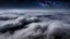 Placeholder: looking down from space at the mist and clouds and storm, surrounded by the mist at night starry sky. majority of the image is space