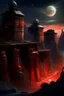 Placeholder: Distant view of an ancient walled city sitting in a canyon as viewed from the rim of the canyon, the city is lighted by torches placed along the walls with windows high upon the wall, One window has a scarlet cord draped out reaching the ground, the sky is dark and surrealistic with planets and moons on the horizon, the rim of the canyon has armored soldiers laying in wait while 2 spies work their way down to the outside of the city wall where the scarlet cord hangs from the window above a cross