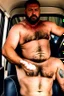 Placeholder: full body shot photography of an Italian sicilian taxi driver burly ugly sitting in the taxi, chubby tired 55 years old driving shirtless, bullneck, thin gold chains, short beard, sweat, short hair, bulge, robust, manly chest, looking down, big shoulders,, photorealistic, side light, ambient occlusion, tired eyes. 35mm lens, internal view inside the Taxi