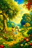 Placeholder: Adam and Eve in a very beautiful paradise, in the style of oil painting