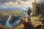Placeholder: oil painting, an old track on a tall cliff, a man standing on the cliff and looking at the flooded city below him