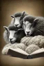 Placeholder: one black sheep reads a book on other site white sheep herd sleep going down