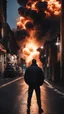 Placeholder: Man in a black bomber jacket, back to the camera, looking down a street, watching an explosion of fire and lights in front of him.