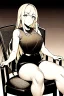 Placeholder: blonde girl speaks sitting on a chair, grayscale