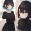 Placeholder: Clear focus, High resolution, fluffy black short hair, dark green eyes, wearing a black t-shirt and pleated black skirt, fluffy hair, detailed outfit