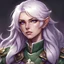 Placeholder: dnd, female human, white hair, green military uniform, violet eyes, bard, stern, serios, badge