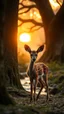 Placeholder: A beautiful baby dear standing in wood with a huge trees , river stream in the middle , behind to tree dim light of the sunset, a Hyena is hiding behind the tree watching it