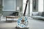 Placeholder: A lovely clear transparent resin guitar with forget-me-not design in a modern room in sunshine