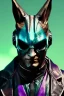 Placeholder: Medium Close Up Portrait, Front image. cyberpunk, rabbit mask helmet, strong man, silver hair. latex suit. Purple, green, color. Joker style. Color background, photo studio. Avatar image, highly detailed, concept art, smooth, unreal engine 5, ray tracing, RTX, lumen lighting, ultra detail, volumetric lighting, 3d, finely drawn, high definition, high resolution.