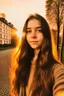 Placeholder: Instagram mirror selfie of a student with long brown hair while golden hour outside in jena