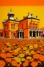 Placeholder: An orange colored desert palace with daisies painted by Andy Warhol