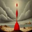 Placeholder: Odd open space, metaphysical, giant red object, very detailed, person, Yves Tanguy