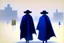 Placeholder: two people in capes and hats seen from behind walking side by side in an empty foggy plain, above there is blue sky by artist "Leonora Carrington"