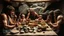 Placeholder: A stone-age feast, Paleolithic banquet, stone utensils, Neanderthal families with children, award-winning photograph, exquisite detail and realism