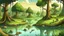 Placeholder: Cartoon illustration for children: Cenozoic swamp, millions of years ago, with towering prehistoric trees