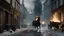 Placeholder: dusting of snow, Victorian London Street in ruins, horse running toward the viewer, the horse has caught fire, war scene, Apocalyptic, photo-realistic, widescreen, cinematic,