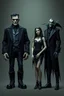 Placeholder: 8k UHD, Hyper-realistic. professional quality DSLR photograph. The Munthers – Gothic Monster Family Morty Munther: standing in the center - Towering Frankenstein-style father - Flat-topped head, neck bolts, stitched features - Pale gray-green skin, short black hair - Wears a heavy black wool suit and tall platform boots - Gentle giant with a crooked grin Lila Munther: standing next to Morty - Elegant vampire matriarch - Pale, light olive-green skin with a spooky glow - Long bl