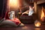 Placeholder: cute fluffy chibi cat reads sitting in a big soft armchair, covered with a plaid blanket, a teapot and steaming tea on a small table next to her, in sunlight. The fire in the fireplace is blazing.