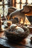 Placeholder: demon [A tiny white puppy curled up in a nest on a medieval wizard's table]. Shot with a macro lens (f/2.8, 50mm) and a Canon EOSR5, the soft focus captures [the cozy morning light filtering through a nearby window]. The pastel colors and whimsical steam shapes enhance the serene atmosphere, evoking a DnD RPG setting. The image is rendered in 16K and 8K, highlighting [the intricate details and medieval charm] an eagle protecting the puppy