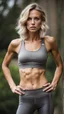 Placeholder: photography of a beautiful anorexic woman, grey satin sports bra, sports illustrated, blond short wavy bob haircut, pronounced sternum, grey running leggins