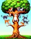 Placeholder: You can replace the word cat with your favourite animal! I used Flux A stylized artwork depicts in the very foreground, a majestically contorted tree. Various large cats of various colors are present in the tree. The cat's depictions feature elongated necks, large eyes, varying body types (some with large bellies, others slender), prominent whiskers, and long tails