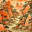Placeholder: A light rosy orange colored oriental gorge with pandas designed in Chinese paper art painted by Cai Jia