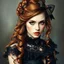 Placeholder: Center of image, 30 pixel white border, oil painting, wet-on-wet airbrush, ultra-detailed, 4K resolution, hyper-realistic gothic steampunk woman with long, flowing curls of auburn caramel hair, tied up in a messy bun with a stylish black and gold bow, featuring woven hair accessories, expressive brown eyes that emphasize her appeal, bronze lipstick, and a creative gothic Victorian-style dress made of black, layered, off-the-shoulder lace and metallic metallic. Highly detailed, photorealistic air