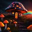 Placeholder: Mushroom home overlooking a ravine. black, vivid orange, iridescent rainbow and dayglo colors. Illuminated sunrise tundra. professional photography, fantastical, intricate detail, broken blurred background, hyperdetailed, insane depth, voluminous lighting, concept art, 8k resolution, trending on artstation