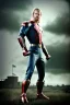 Placeholder: retro portrait image from 1960, sky background, wind, extra long blonde hair, fighting stance, young Chris Hemsworth, clean shave face, black dress, classic long tight lycra black suit, 2 steel disc in busty, big red cap, silver arms, gold bracelet and belt, high boots, soft color, highly detailed, classic comic Thor style, unreal engine 5, ray tracing, RTX, lumen lighting, ultra detail, volumetric lighting, 3d, finely drawn, high definition, high resolution.