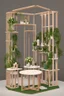 Placeholder: Corner exhibition stand in light colors with wood elements and floristry with two meeting areas