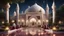 Placeholder: Hyper Realistic people praying outside Beautiful-Decorated-Huge-White-Brick-Mosque with maroon-marble-flooring & Beautiful-Garland-Light-&-Decorations surrounded by a beautiful garden-&-Water-Fountain at beautiful dark night with stars on sky