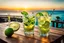 Placeholder: Two glasses of a mohito coctail beverage with lime are on a dining table on the balcony, overlooking a beautiful sea waterfront view. sunset, warm lights, harmonic calm mood, highly detailed, high contrast, perfect lights, masterpiece