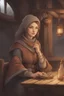 Placeholder: DnD style, medieval beautiful woman dressed in warm winter clothes sitting in a tavern sitting across from viewer