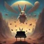 Placeholder: monochromatic bugs bunny composer piano, diffrent planet, one swine pig piggy flying wasp angel, beksinski style daker theme