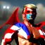 Placeholder: realistic image of donald trump as a mexican wrestling fighter posing outdoors, Mexican eyes wrestling mask, red and blue breeches with white stars, flag cape, sweat and blood, retro style, 80s, vibrant color, highly detailed, sky background, concept art, unreal engine 5, god rays, ray tracing, RTX, lumen lighting, ultra detail, volumetric lighting, 3d, finely drawn, high definition, high resolution.