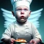 Placeholder: a sad human baby chef called tobias leander with no hair,halo, wings, drinking, sitting in chair, photo realistic spray painting, book cover illustration