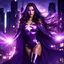Placeholder: super pretty woman, purple long haired, big bubs, good body, dressed with a mini purple super hero siut, cape, shining eyes and plasma light on hands flying over the darkness city