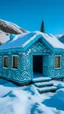 Placeholder: A cyan snowfield with a cozy cabin designed in Mehndi design painted by Keith Haring