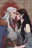 Placeholder: A couple from the dnd game curse of Strahd kissing. She has white hair he has long black hair.