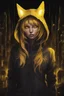 Placeholder: woman with glowing yellow cat eyes, wearing dark hoodie, very detailed, sharp focus, random background, fantasy, stunning