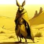 Placeholder: humanoid desert hare, fantasy rogue, androgynous features, slight build, casting a dark shadow, desert night scene, loose-fitting Persian style yellow cloak, thematic tone wash, characteristic comic style