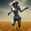 Placeholder: theresa may in robot armor, running through fields of wheat, sunshine, daytime, future, dystopian, hyperrealism